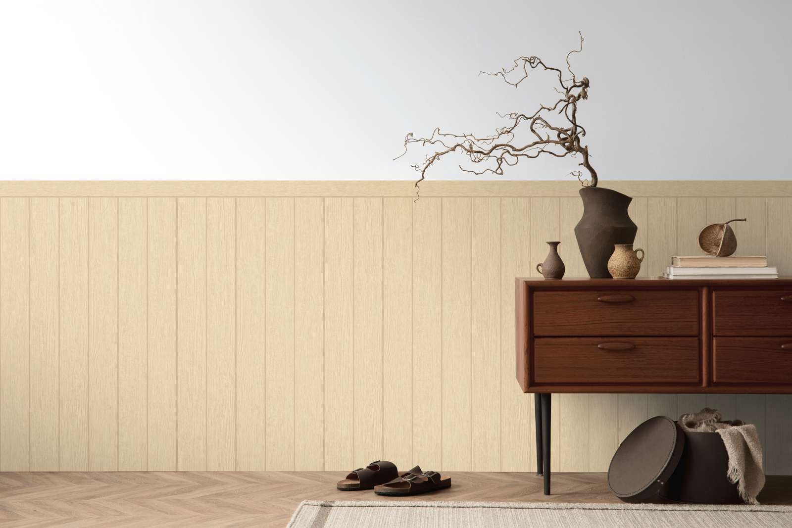             Pannello da parete in tessuto non tessuto con aspetto di travi in legno - beige, marrone
        