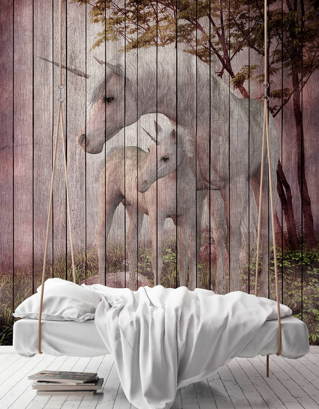            Fantasy 4 - Papier peint Licorne & aspect bois - beige, rose | Premium intissé lisse
        