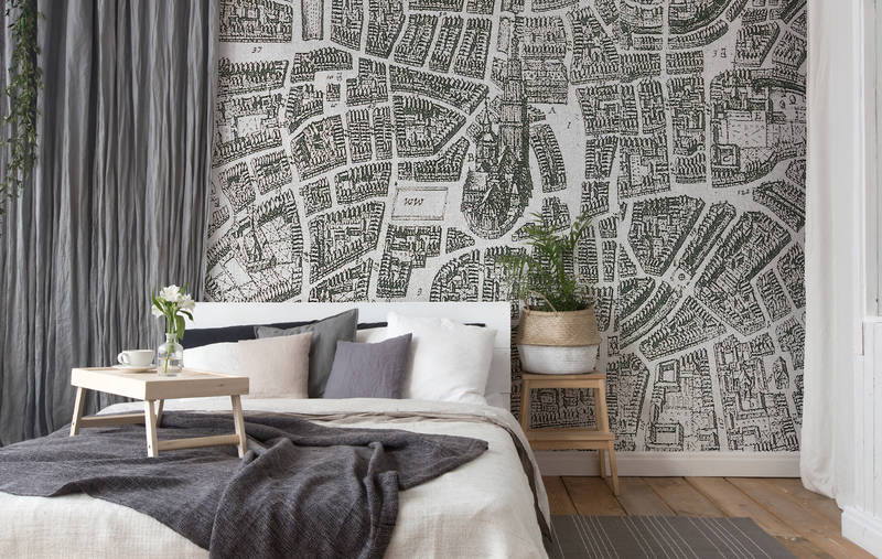             Papel pintado de mapa histórico de la ciudad de estilo vintage - gris, blanco
        