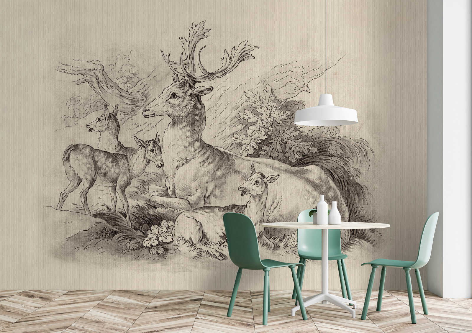             On the Grass 1 - photo wallpaper deer & stag vintage drawing in beige
        
