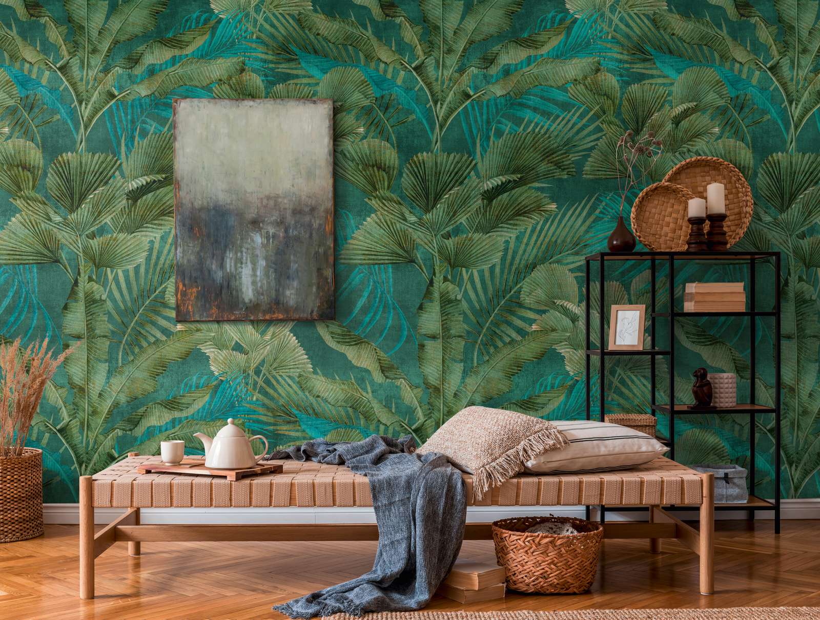             Non-woven wallpaper with various jungle leaves - green, blue
        