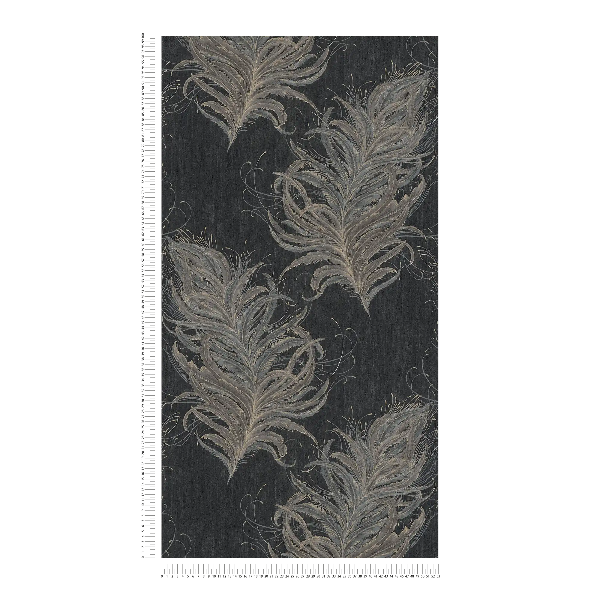            Papel pintado no tejido negro con plumas en colores metálicos
        