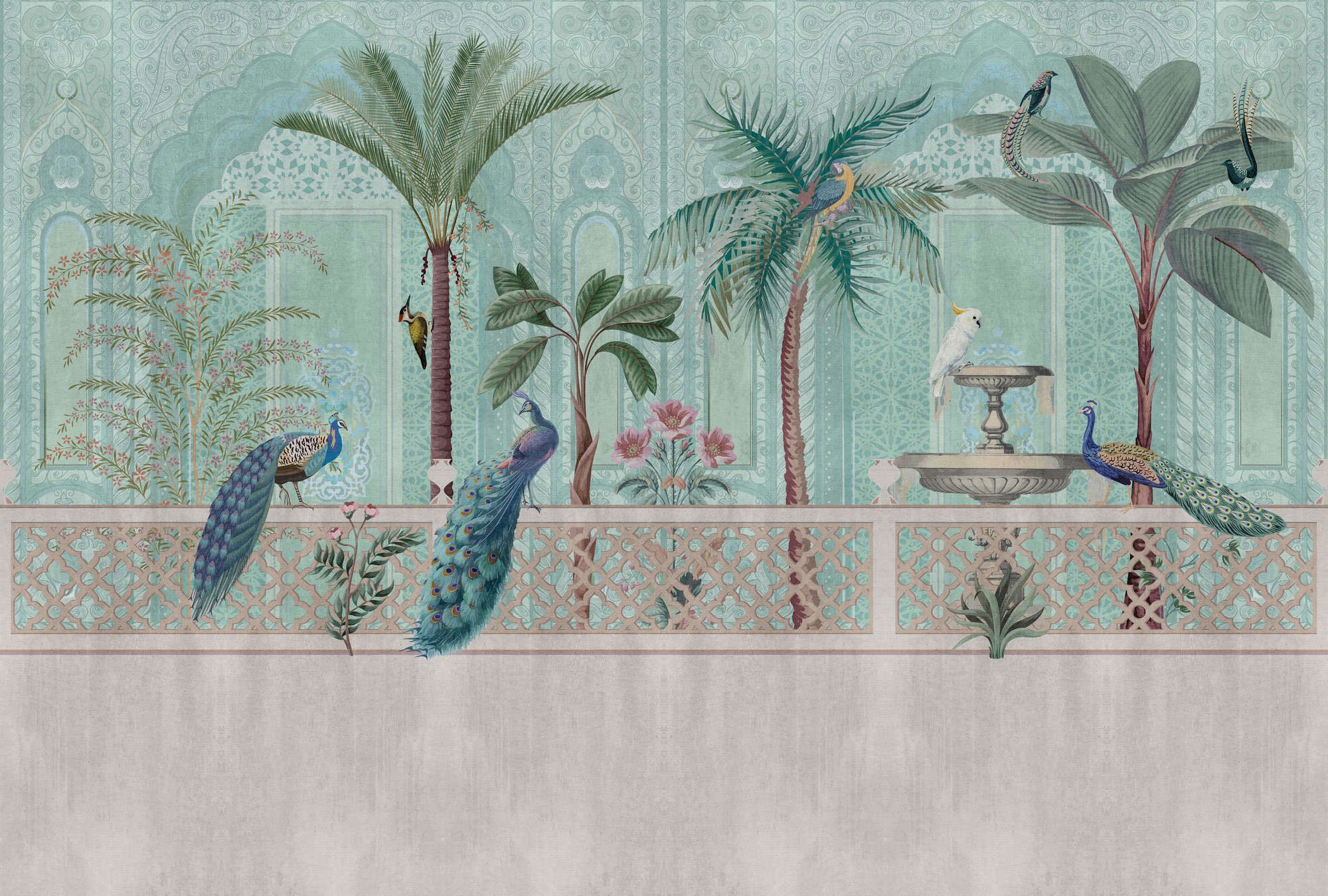             Photo wallpaper »pavo« - Birds, palm trees & fountains - Green, blue with tapestry texture | Smooth, slightly shiny premium non-woven fabric
        
