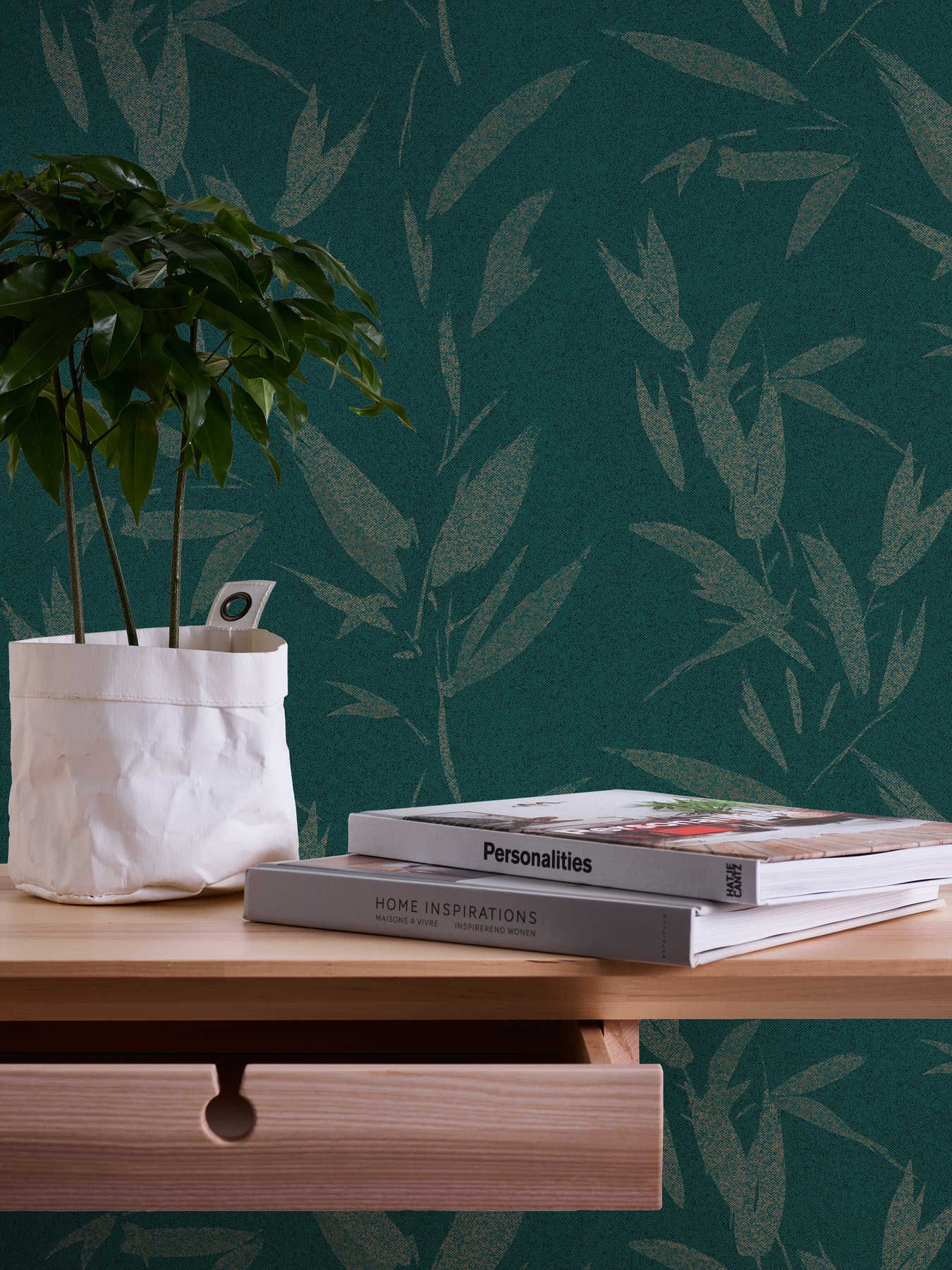             Leaves wallpaper abstract with textile look - green, beige
        