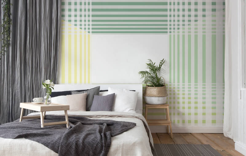             Minimalist stripe pattern mural - green, white, yellow
        