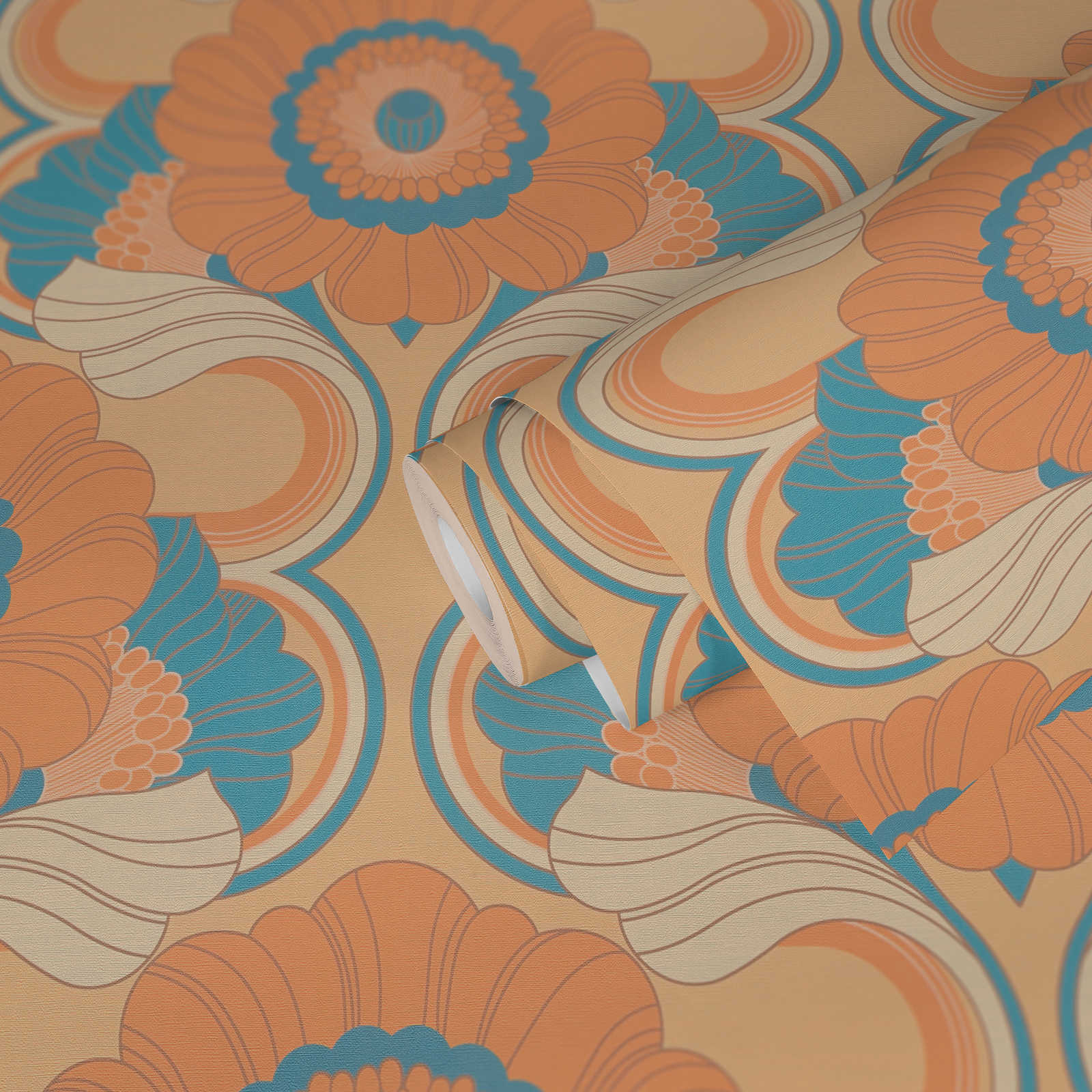             papier peint en papier intissé floral style rétro - beige, turquoise, orange
        