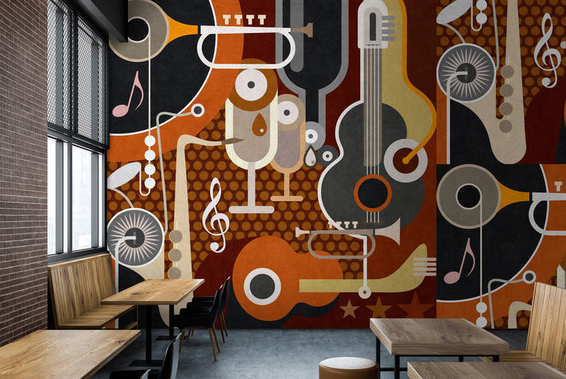             Wall of sound 1 - Onderlaag behang in betonstructuur, abstracte muziekinstrumenten - Beige, Bruin | Pearl glad non-woven
        