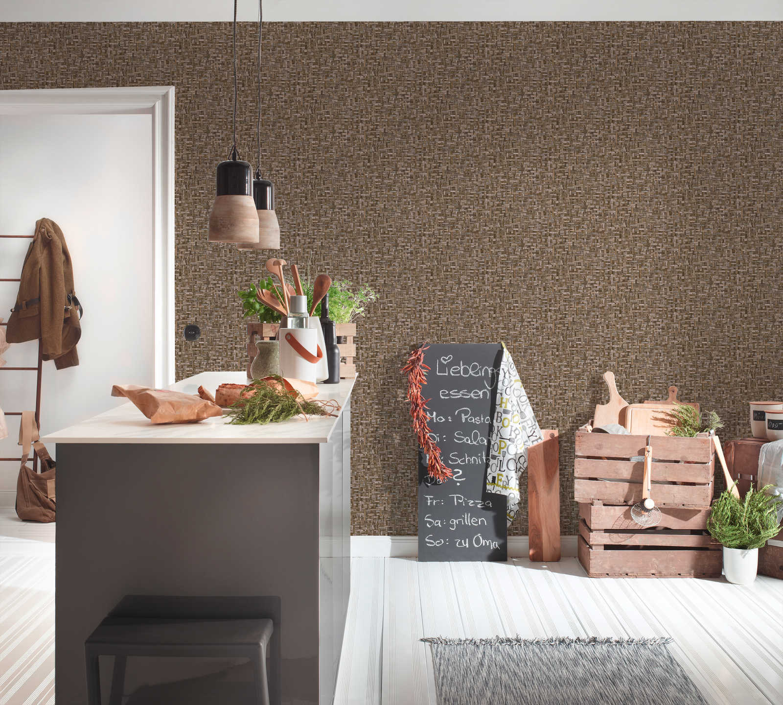             Wood look wallpaper brown with miro mosaic pattern - brown
        