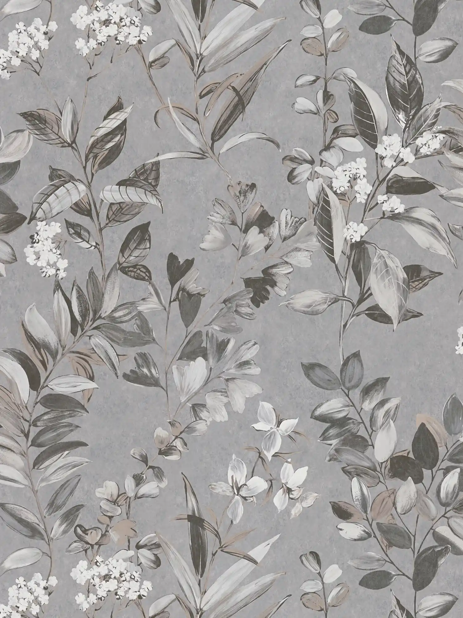 Papier peint intissé à motif floral - gris, blanc, noir
