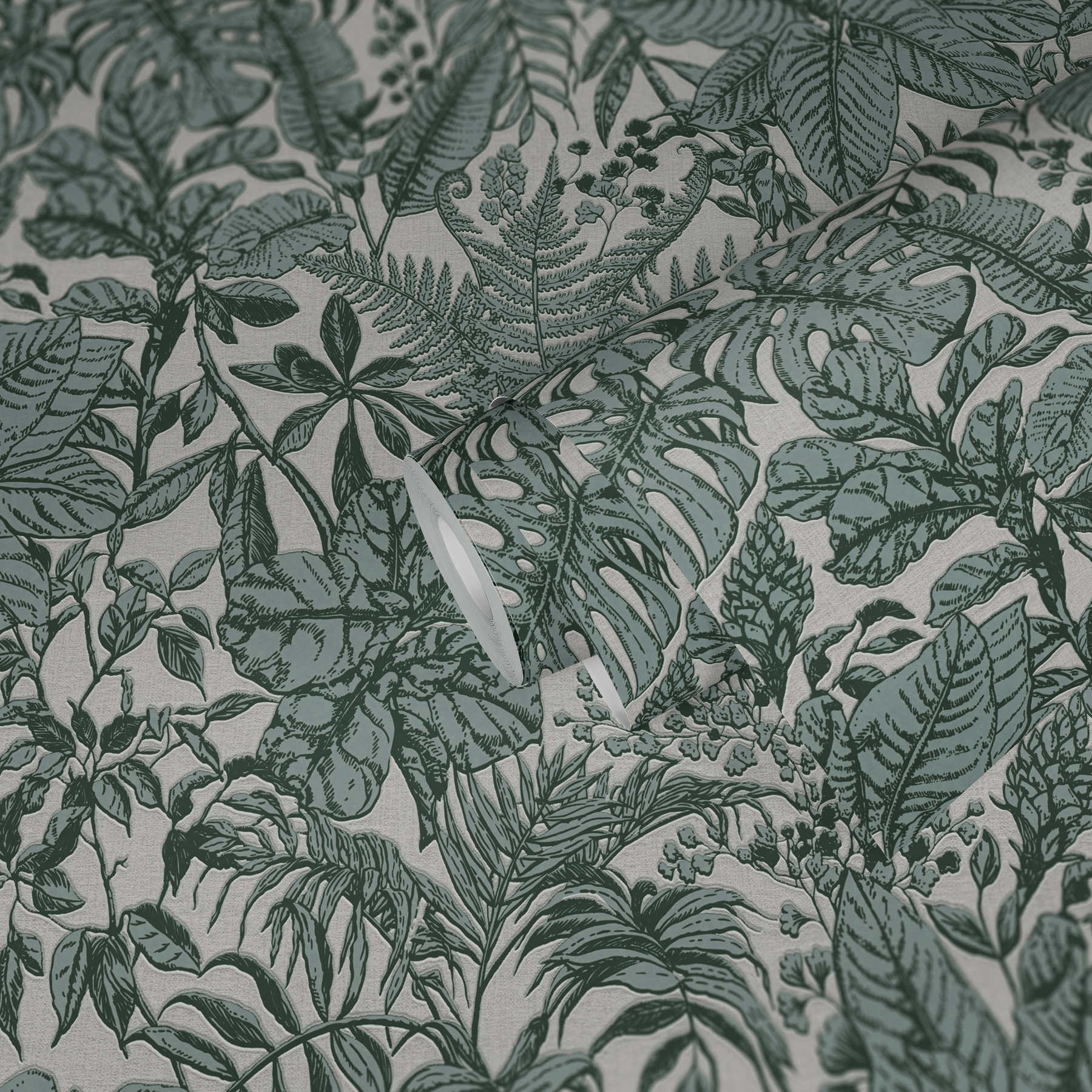             Wallpaper jungle leaves, monstera & ferns - green, white, grey
        