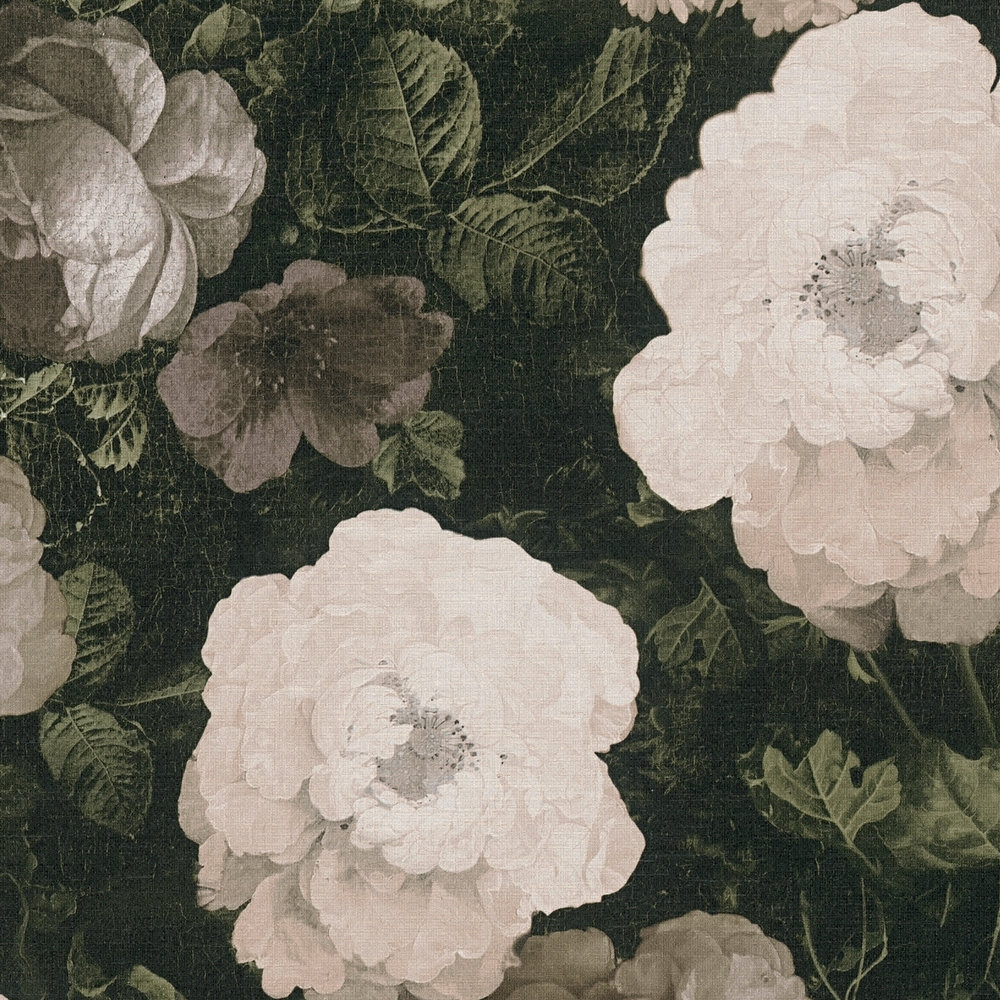             Non-woven wallpaper with roses, flowers carpet - cream, green, grey
        