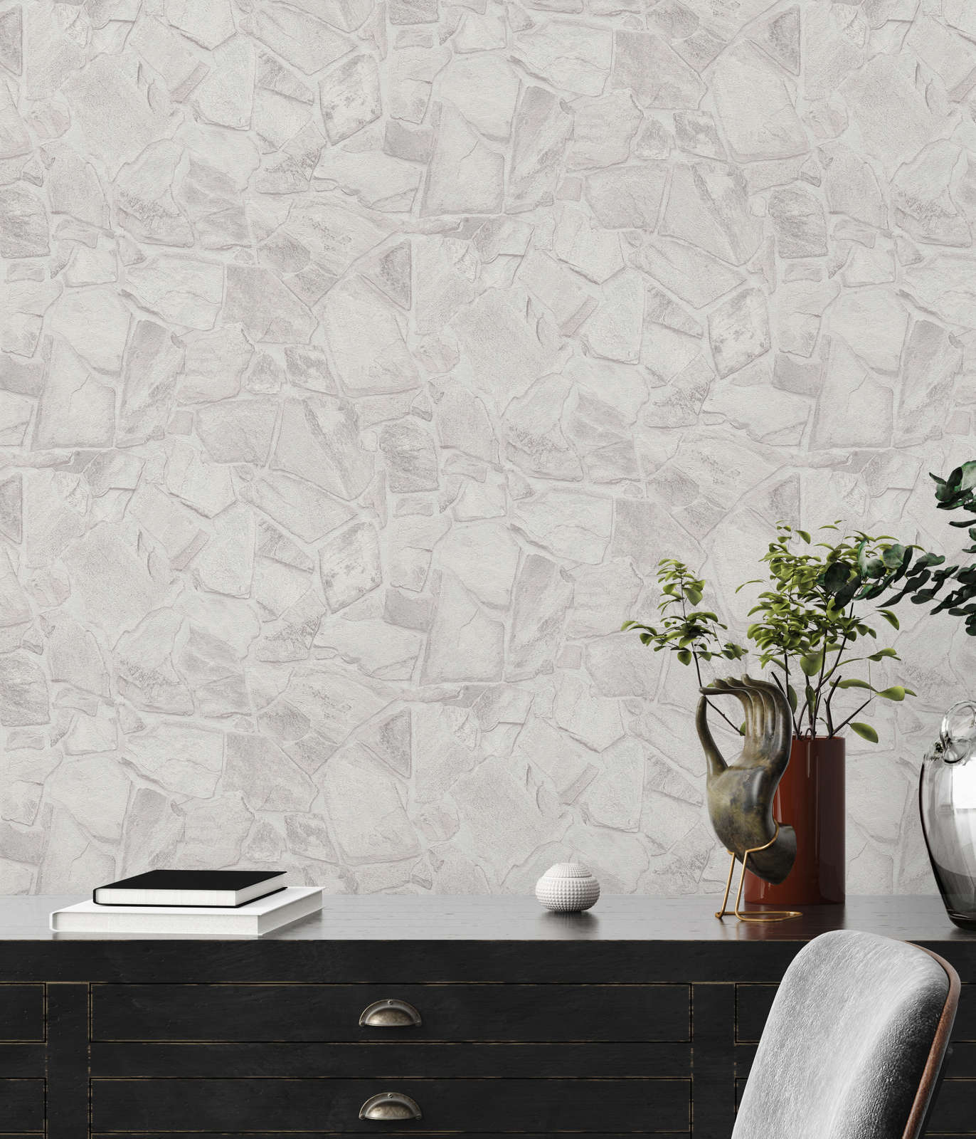             Stone-look non-woven wallpaper with 3D effect brickwork - grey, white, grey
        