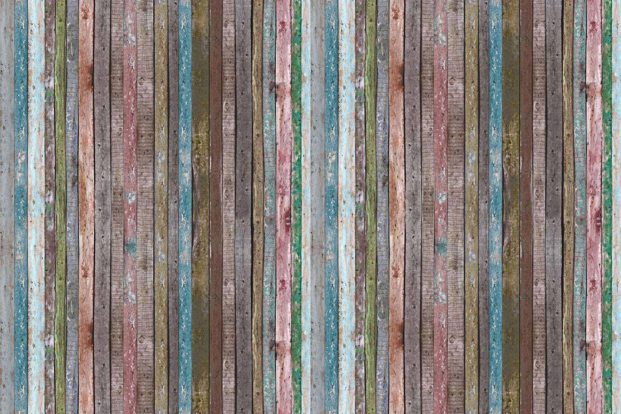             Wood mural fence of boards brown turquoise on premium smooth fleece
        
