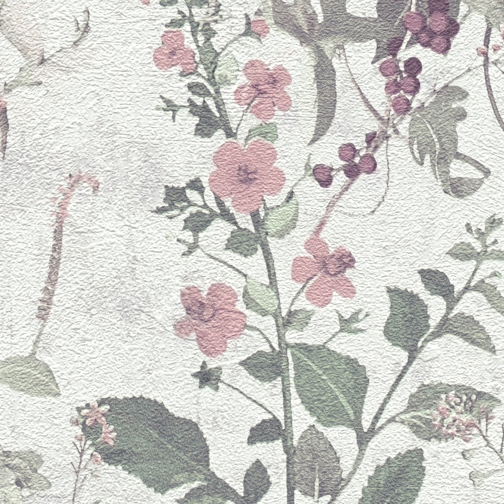             Nature wallpaper with floral pattern - grey, green, pink
        