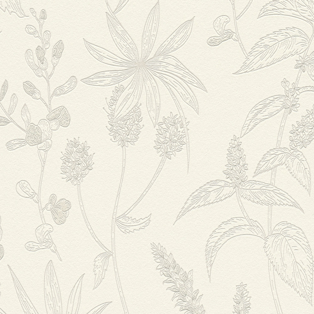             Non-woven wallpaper with floral pattern and metallic accent - beige, silver, white
        