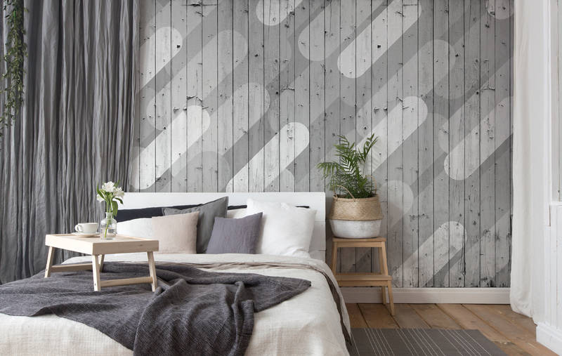             Wood mural with boards & stripes pattern - grey, white
        