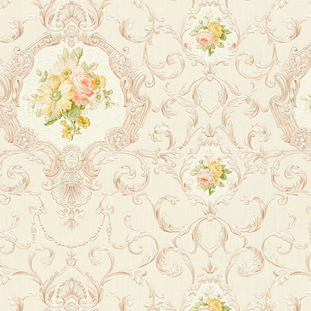             Wallpaper ornament pattern & floral bouquet - cream, metallic
        