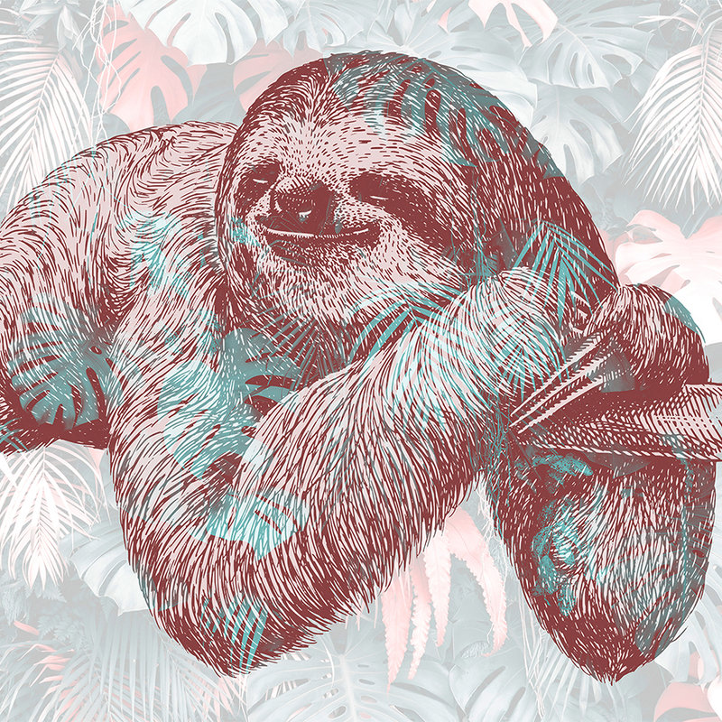         Sloth mural with tropical leaves - pink, black, green
    