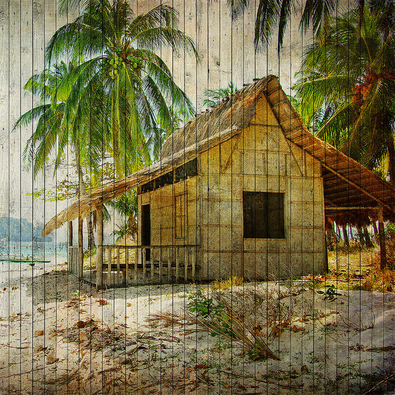 Tahiti 1 - Carta da parati per la spiaggia dei mari del sud con pannelli ottici in legno - Beige, Blu | Materiali non tessuto testurizzato
