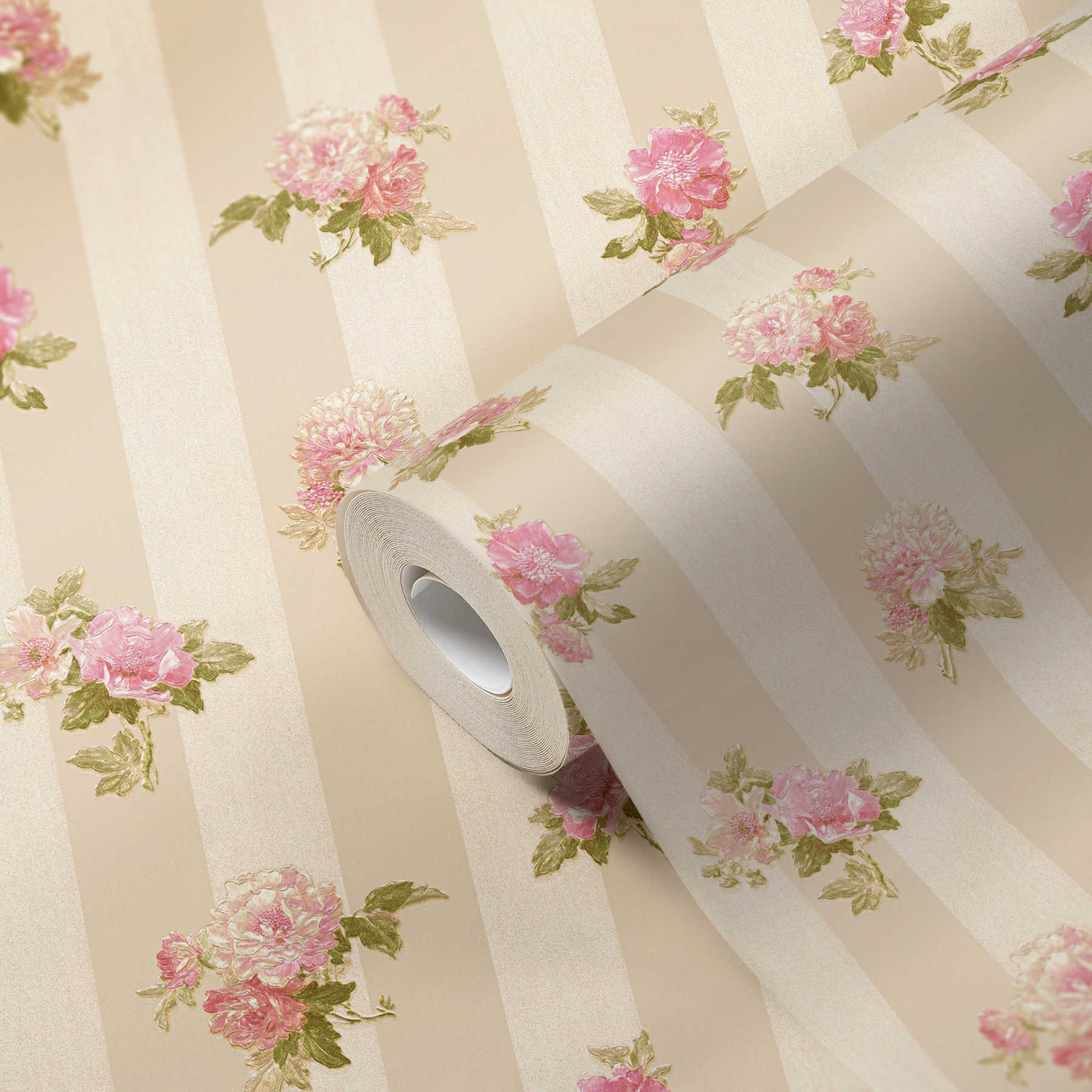             Non-woven wallpaper rose pattern & stripe design - cream, green, pink
        