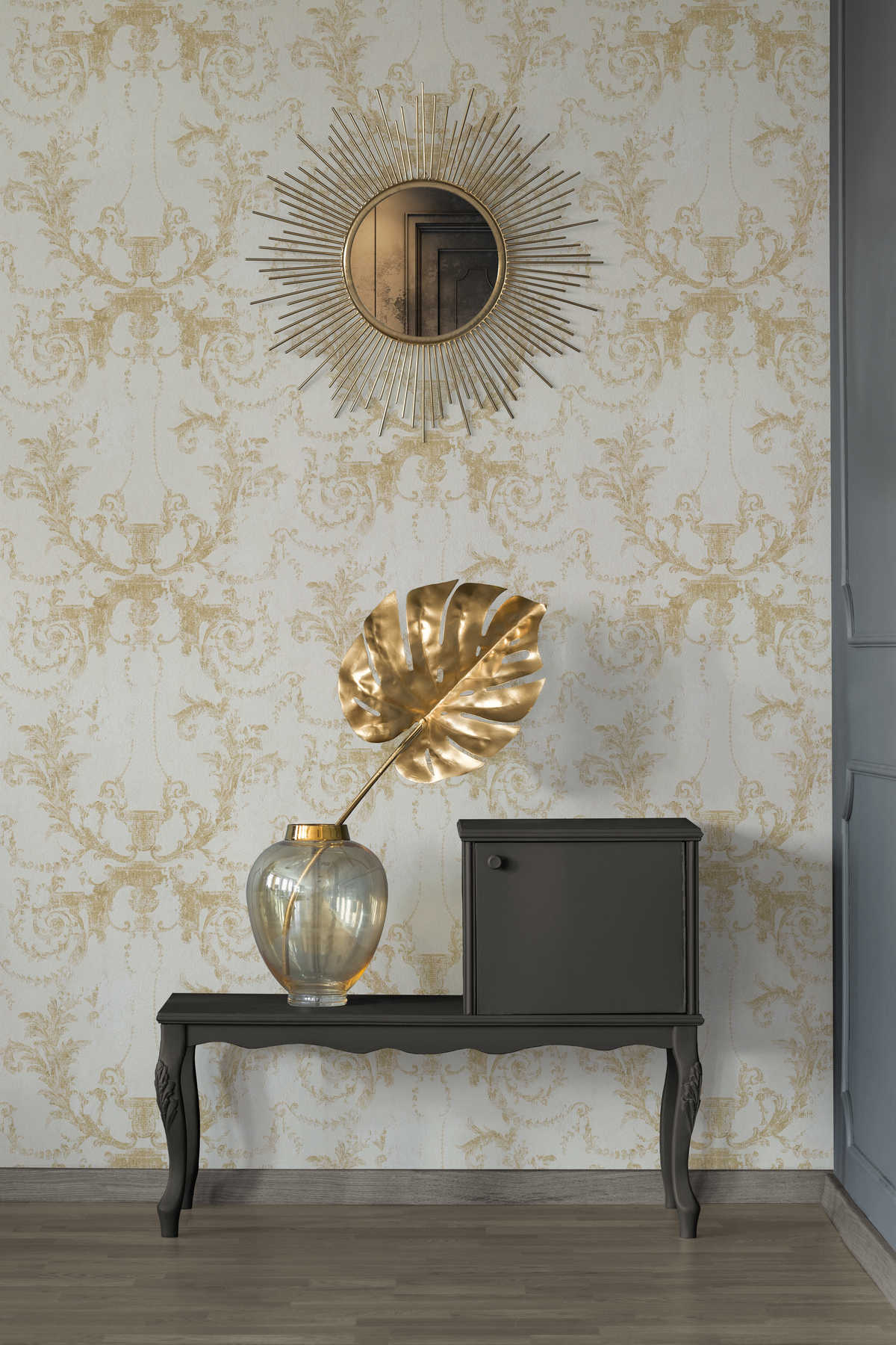             Ornament wallpaper vintage style & rustic - gold, cream
        
