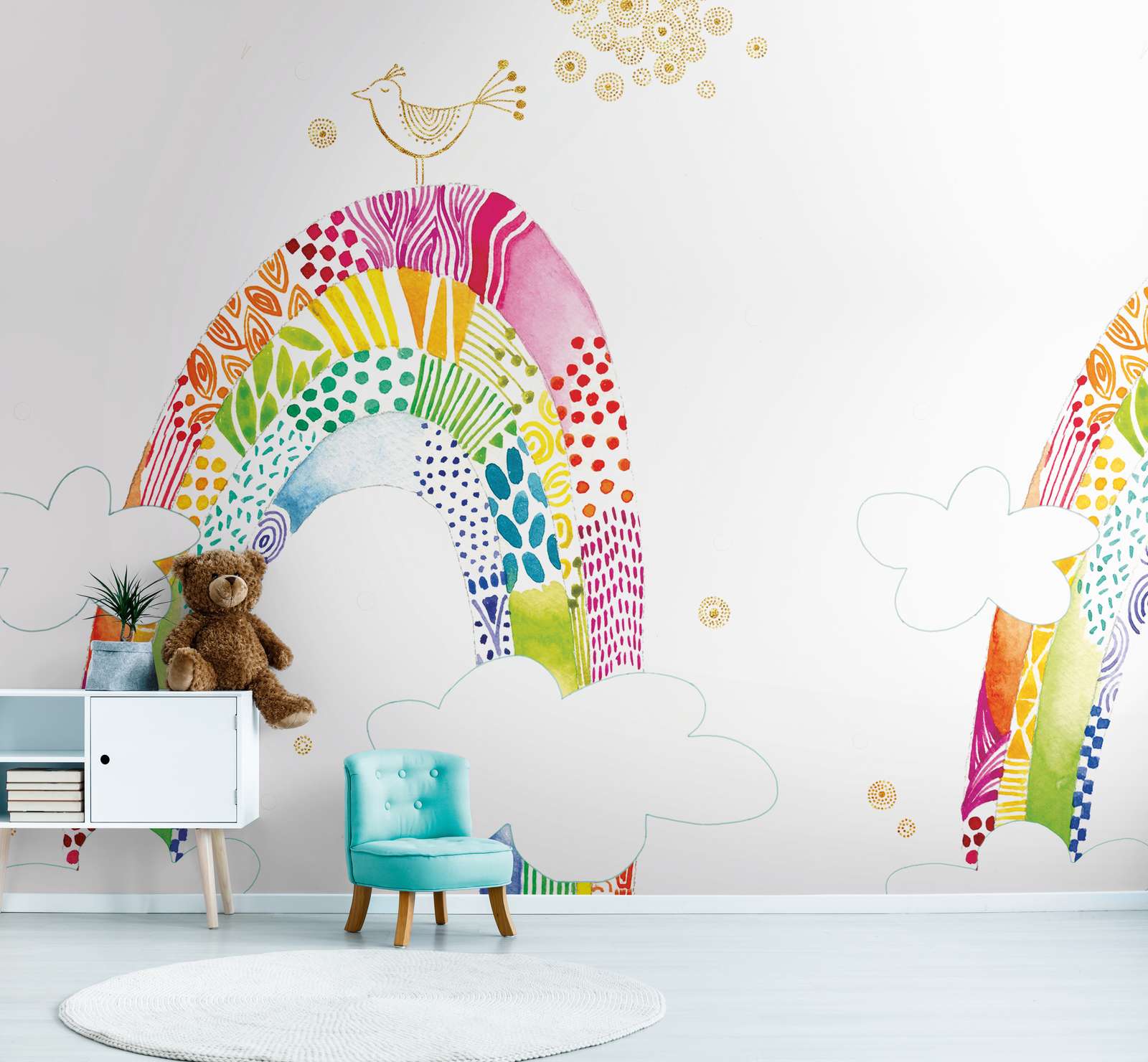             Children's motif wallpaper with colourful rainbow and bird - colourful, white, pink
        