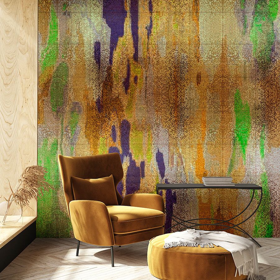 Photo wallpaper »marielle 1« - colour gradients purple, gold, green with mosaic structure - matt, smooth non-woven fabric
