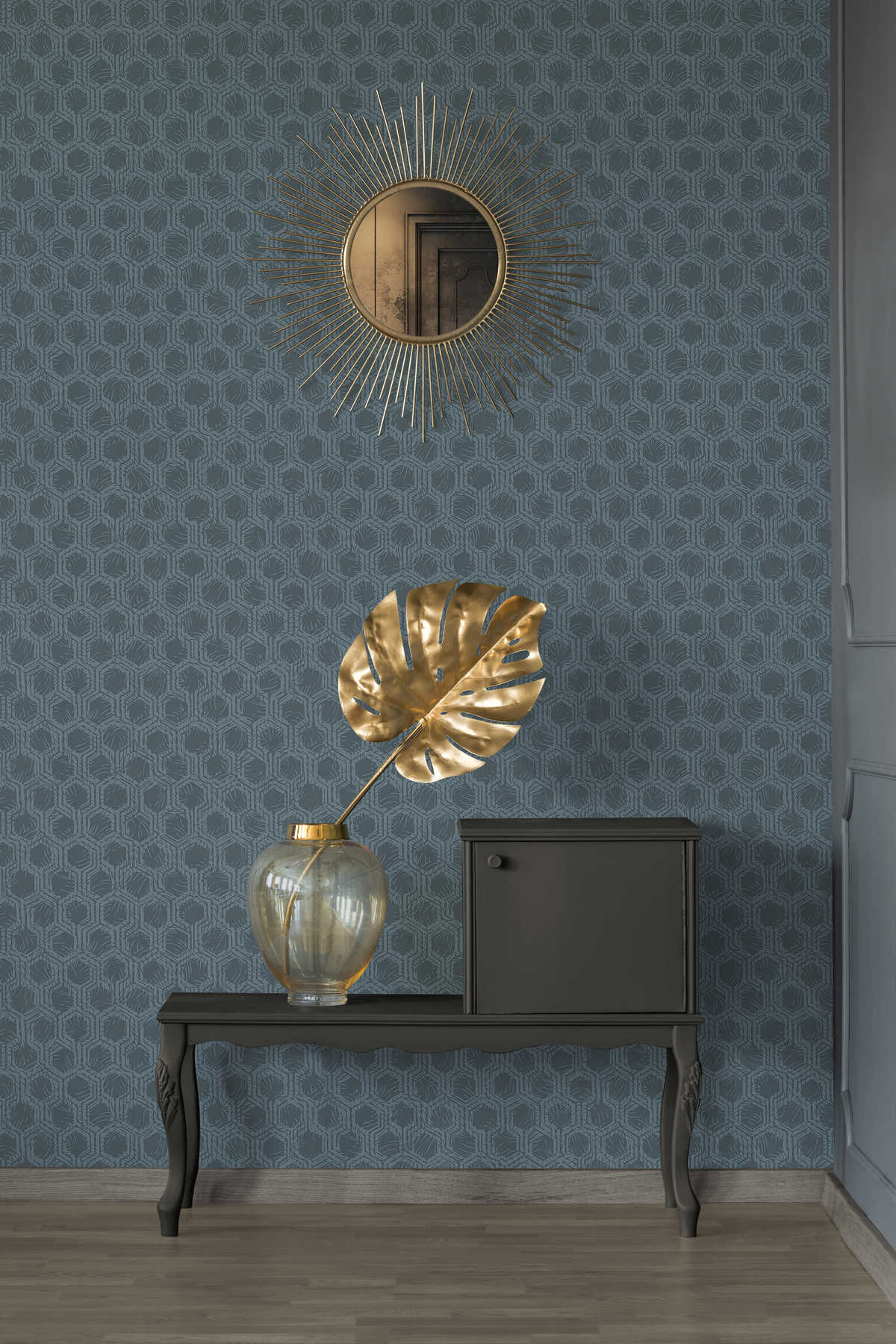             Pattern wallpaper with hexagon pattern in ethnic style - blue, metallic
        
