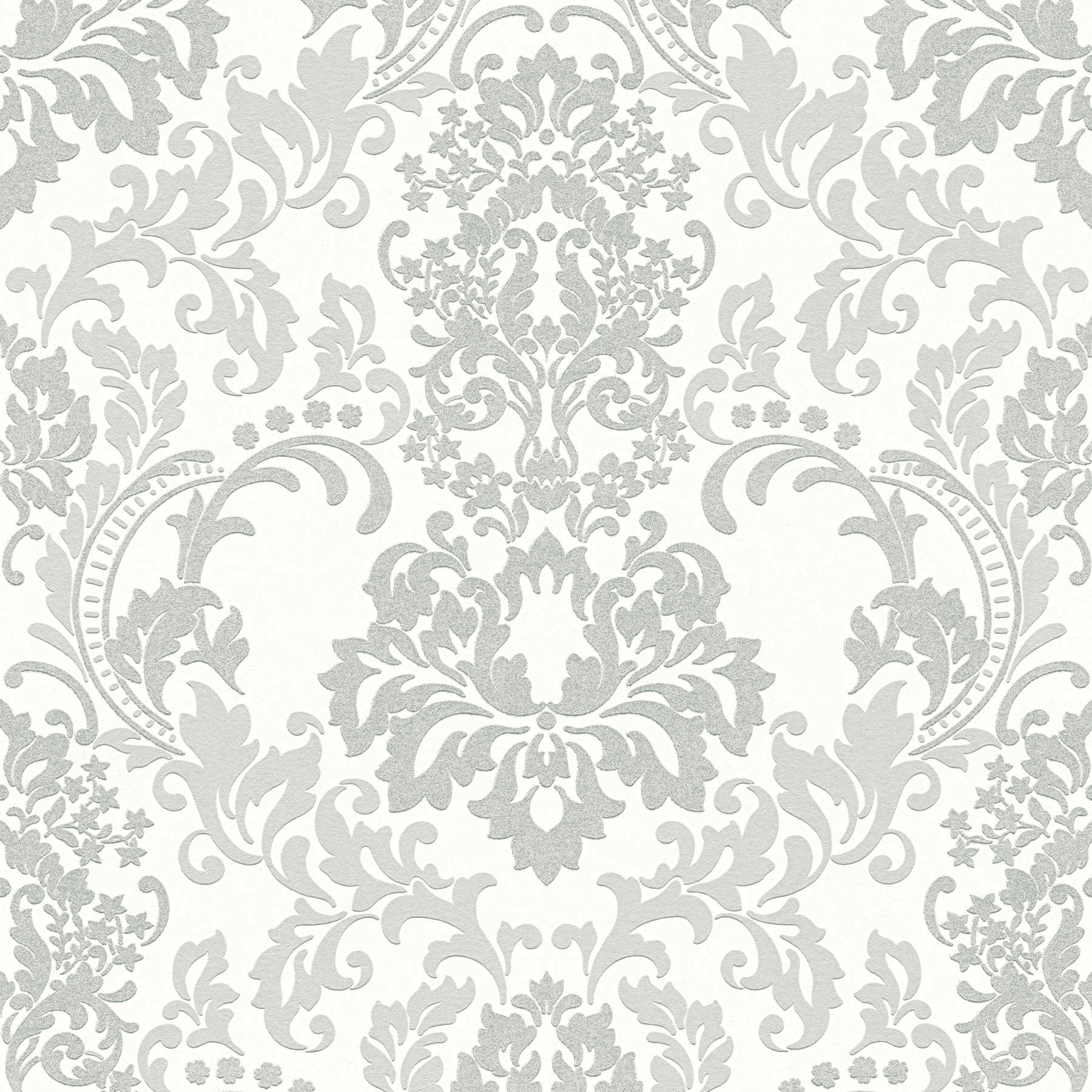 Baroque wallpaper with glitter effect - grey, white
