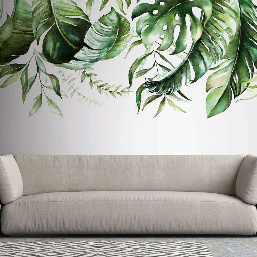Mural de pared con zarcillos de hojas tropicales en una pared - Verde, Blanco
