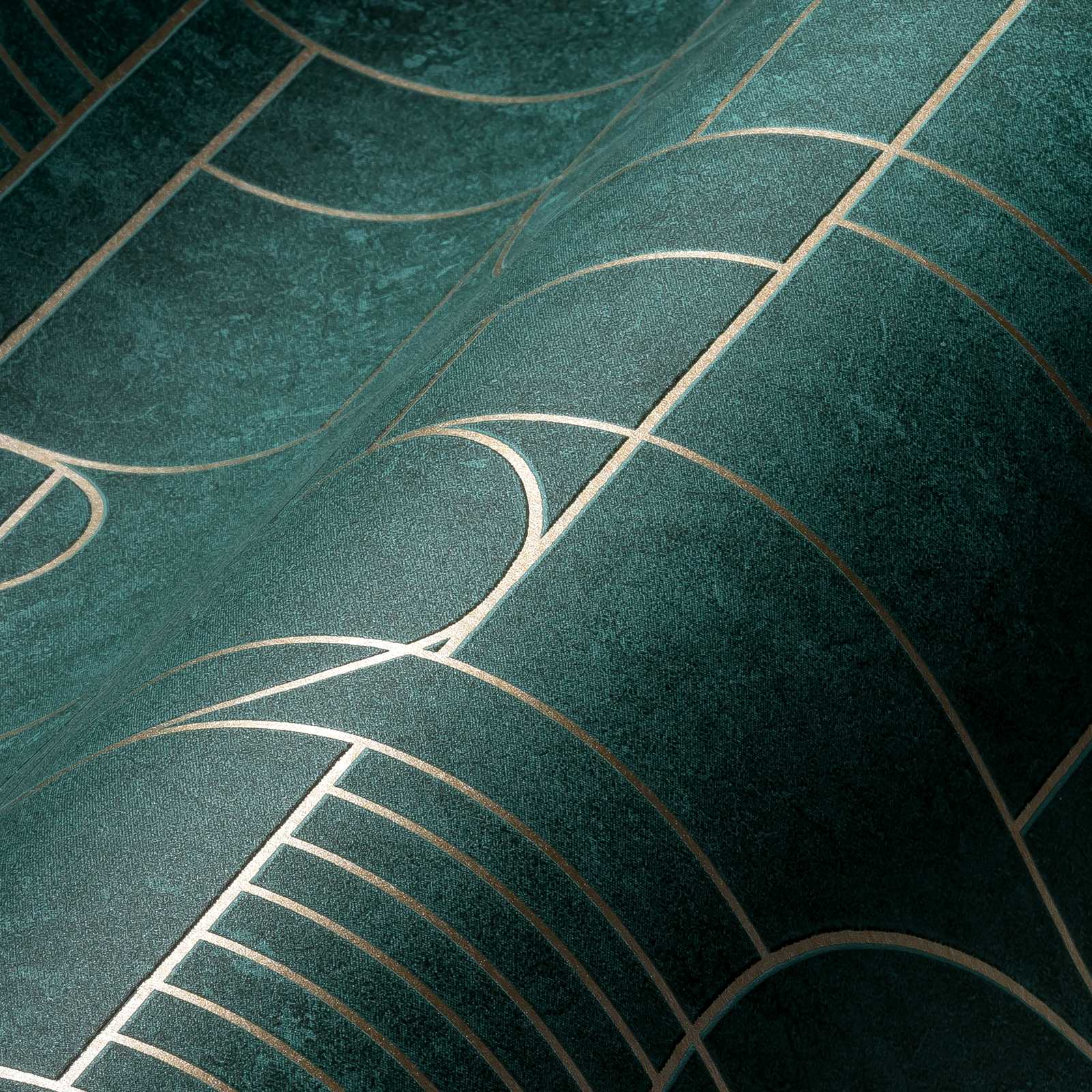             Carta da parati effetto piastrelle art deco design marmorizzato - verde, metallizzato
        