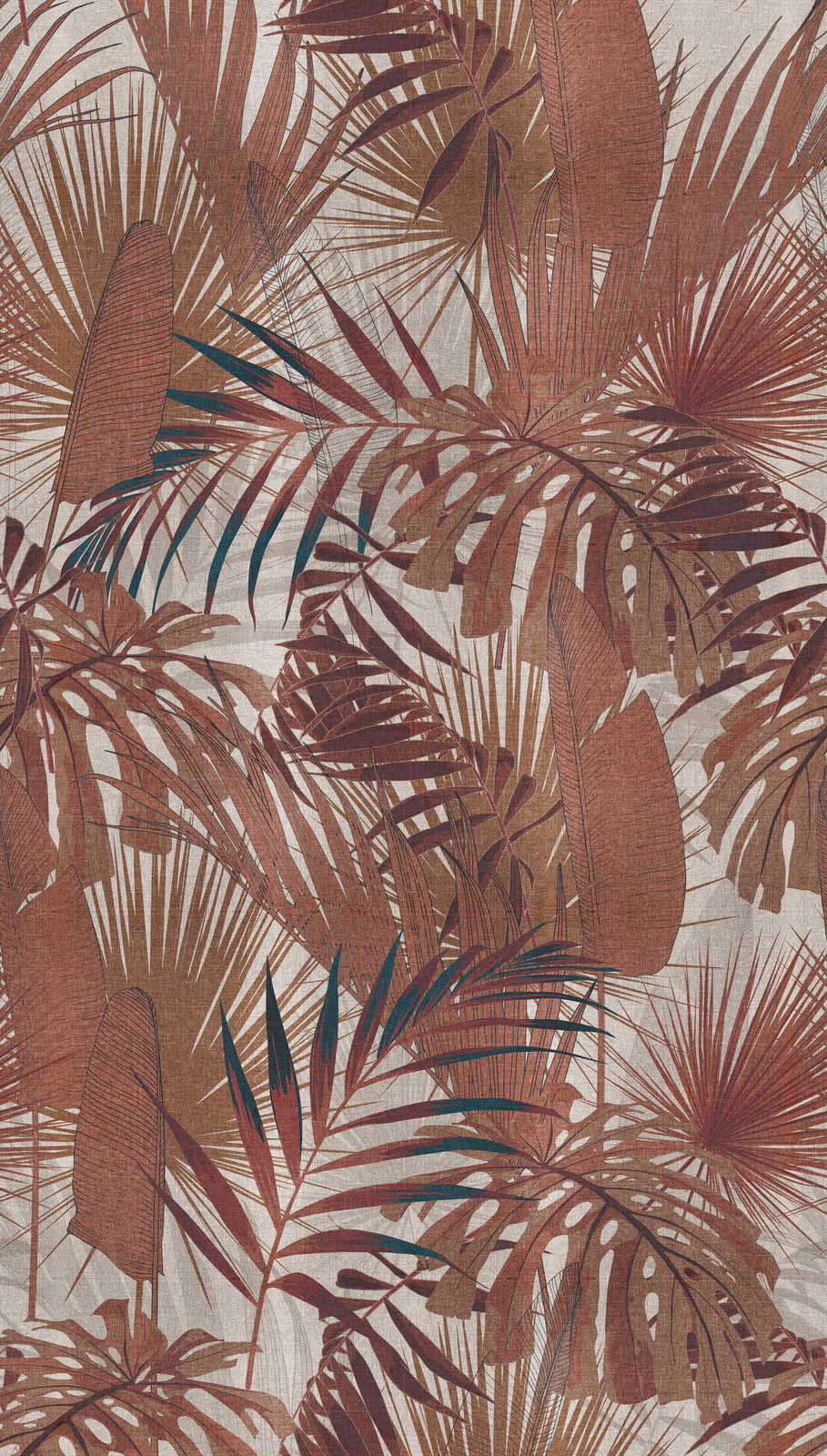             Papier peint intissé avec motif de feuilles de jungle - rouge-brun, beige
        
