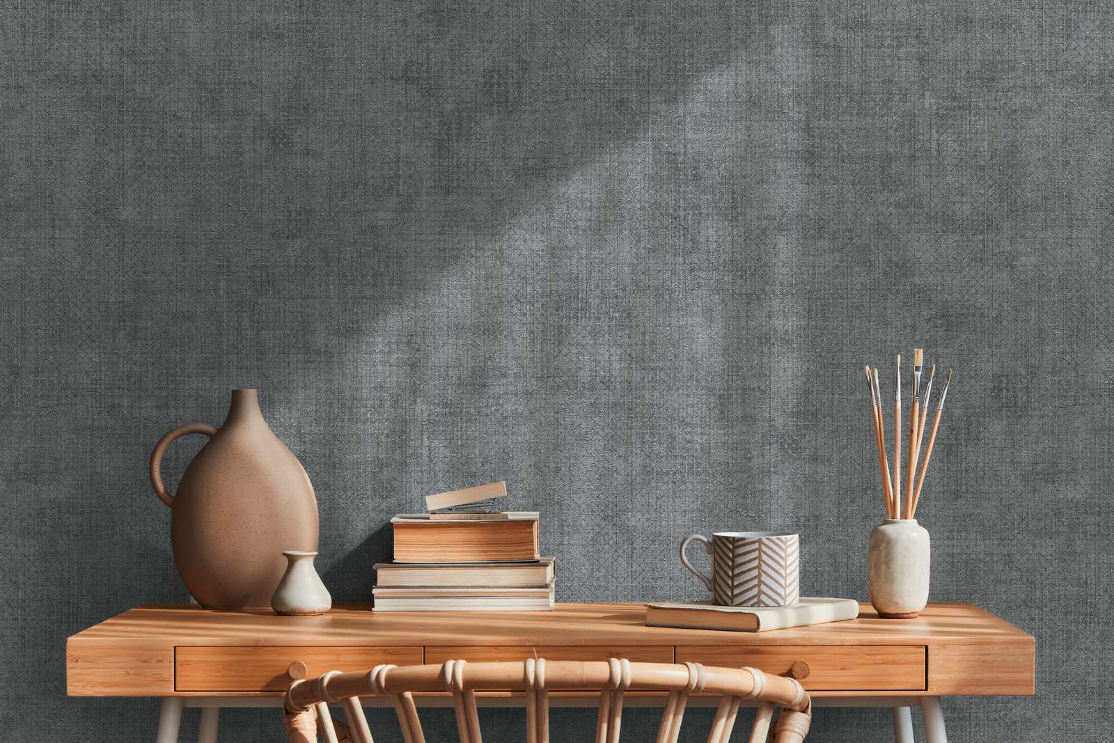             Dark grey mottled wallpaper with metallic line pattern
        