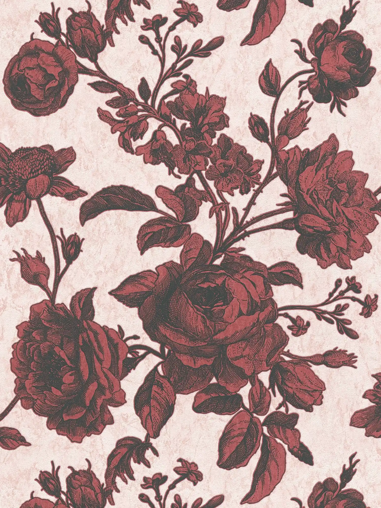 Rozen behang rood-zwart in vintage teken stijl - roze, rood
