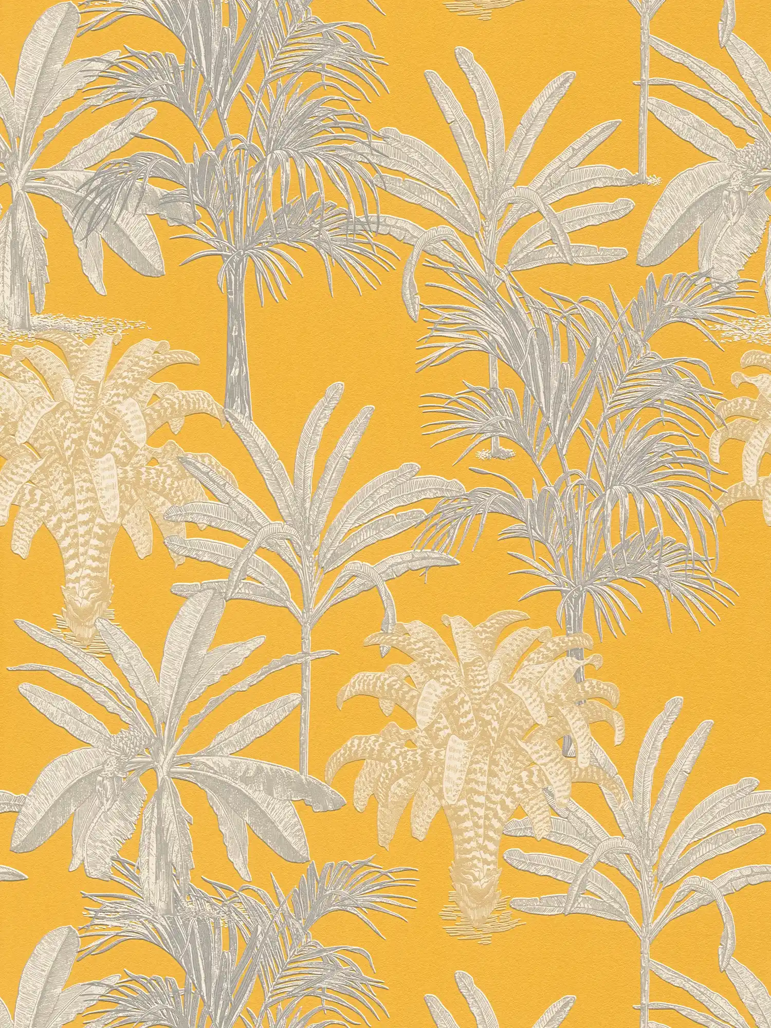 Papier peint palmier jaune moutarde avec motifs structurés - jaune, gris
