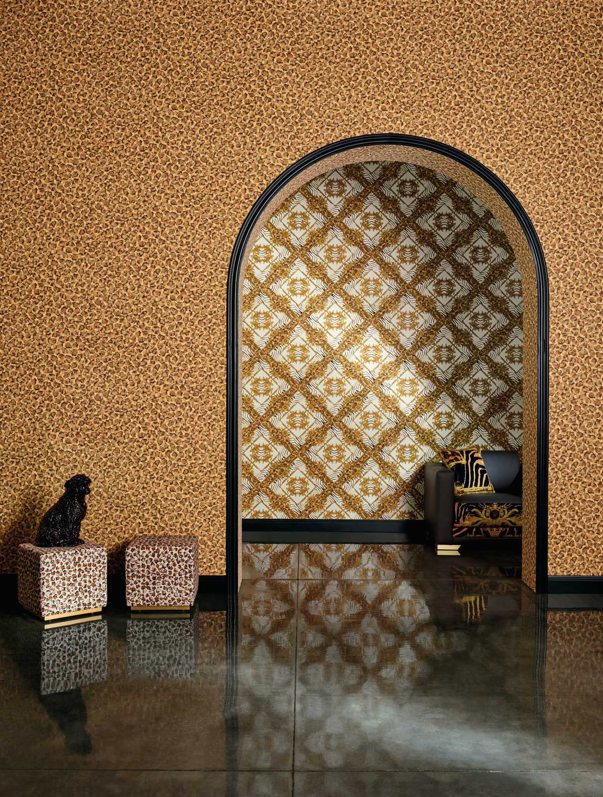             Behang met stippenpatroon in ethno stijl - bruin, metallic
        