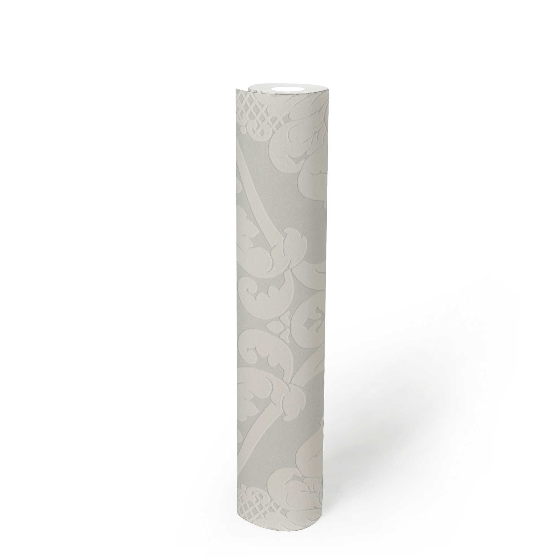             Baroque wallpaper with 3D floral ornament - metallic, white
        