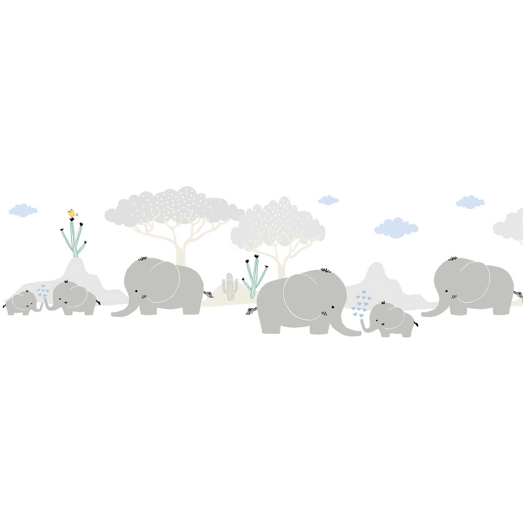         Baby room border "Cute elephant family" - grey, blue, green
    