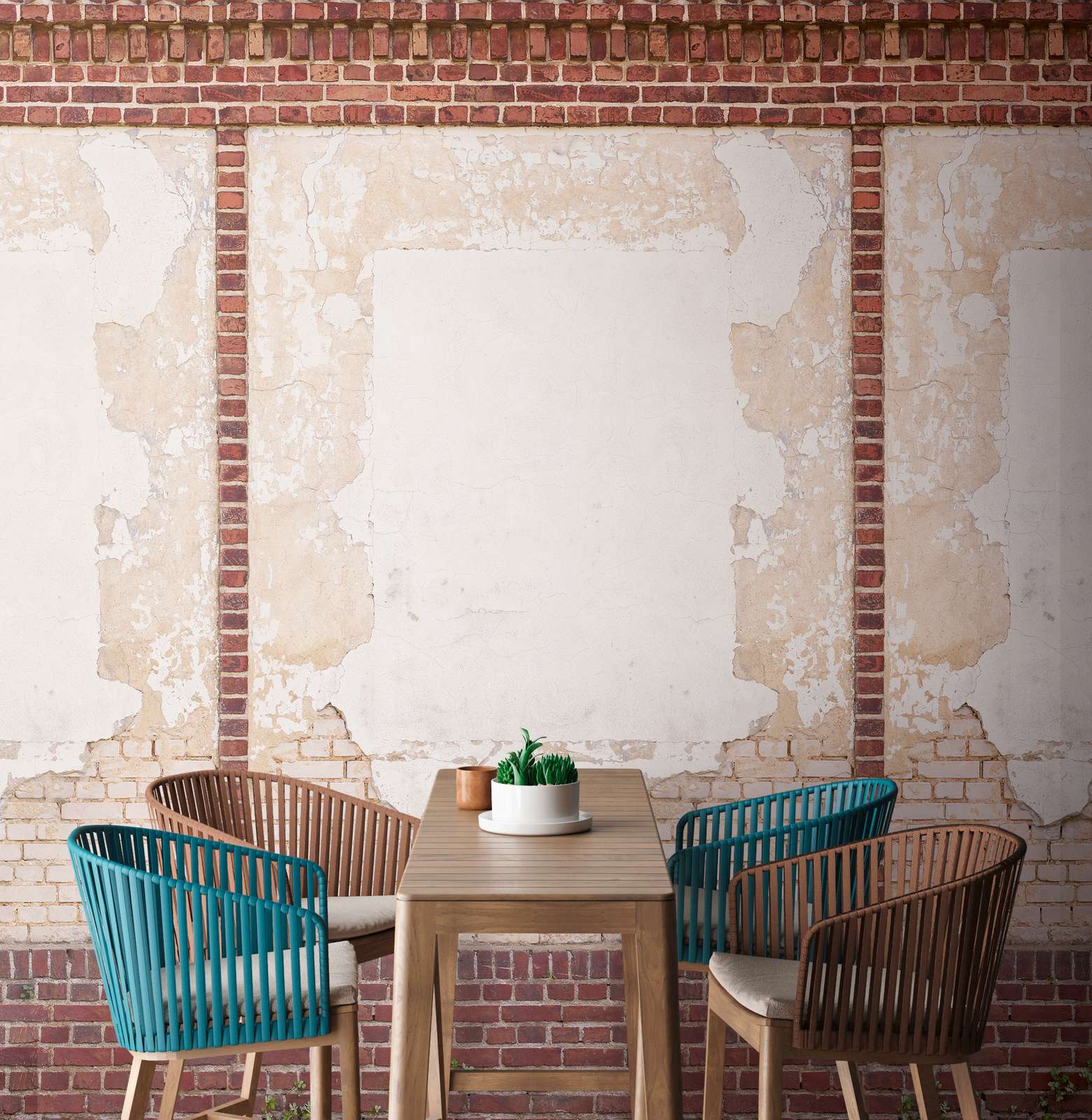             Non-woven wallpaper brick look in used look - brown, beige, red
        