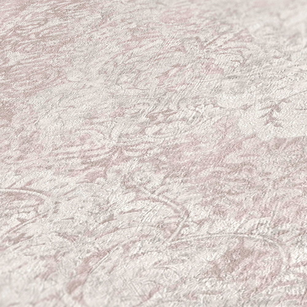             Papel pintado no tejido vintage rosa viejo con adornos - crema
        