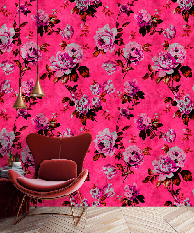             Wild roses 3 - Papier peint rose rétro - structure rayée - rose, rouge | Intissé lisse mat
        