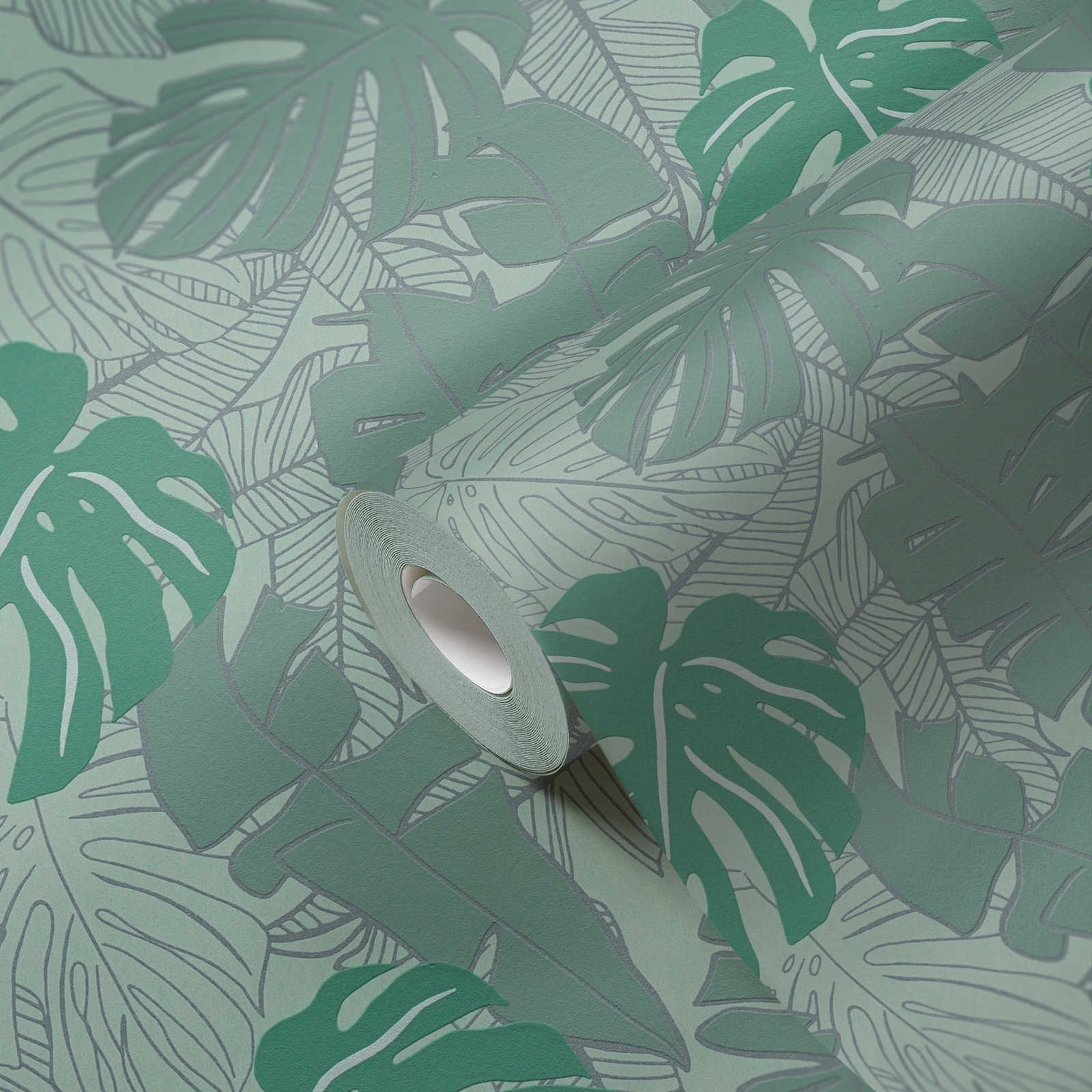             Papier peint jungle à motifs brillants - vert, métallisé
        