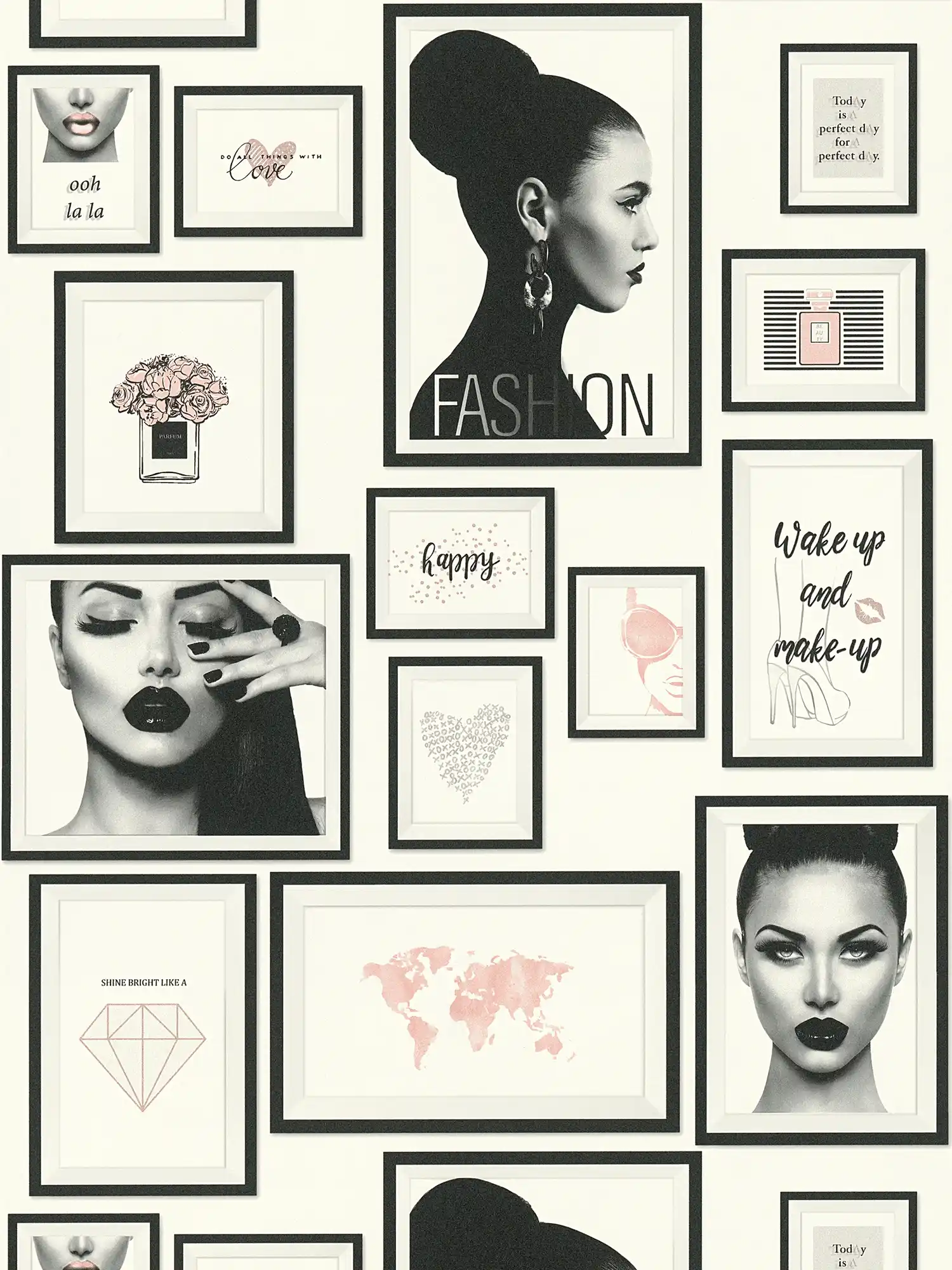 Papier peint Fashion Design avec décorations murales - noir, blanc, gris, rose
