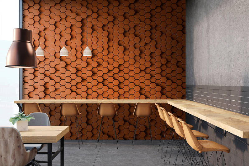             Honeycomb 2 - Papel pintado 3D con diseño de panal naranja - fieltro estructura - cobre, naranja | vellón liso perla
        