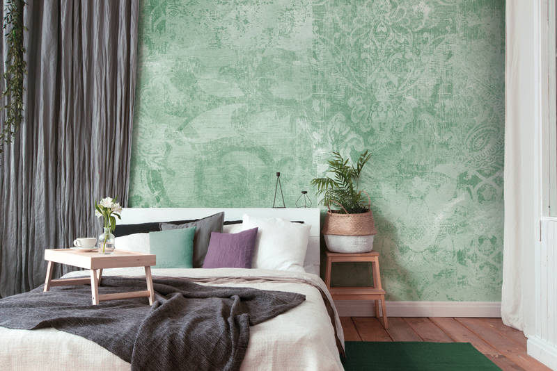             Mural de pared con mezcla de adornos y aspecto de lino vintage - verde, blanco
        