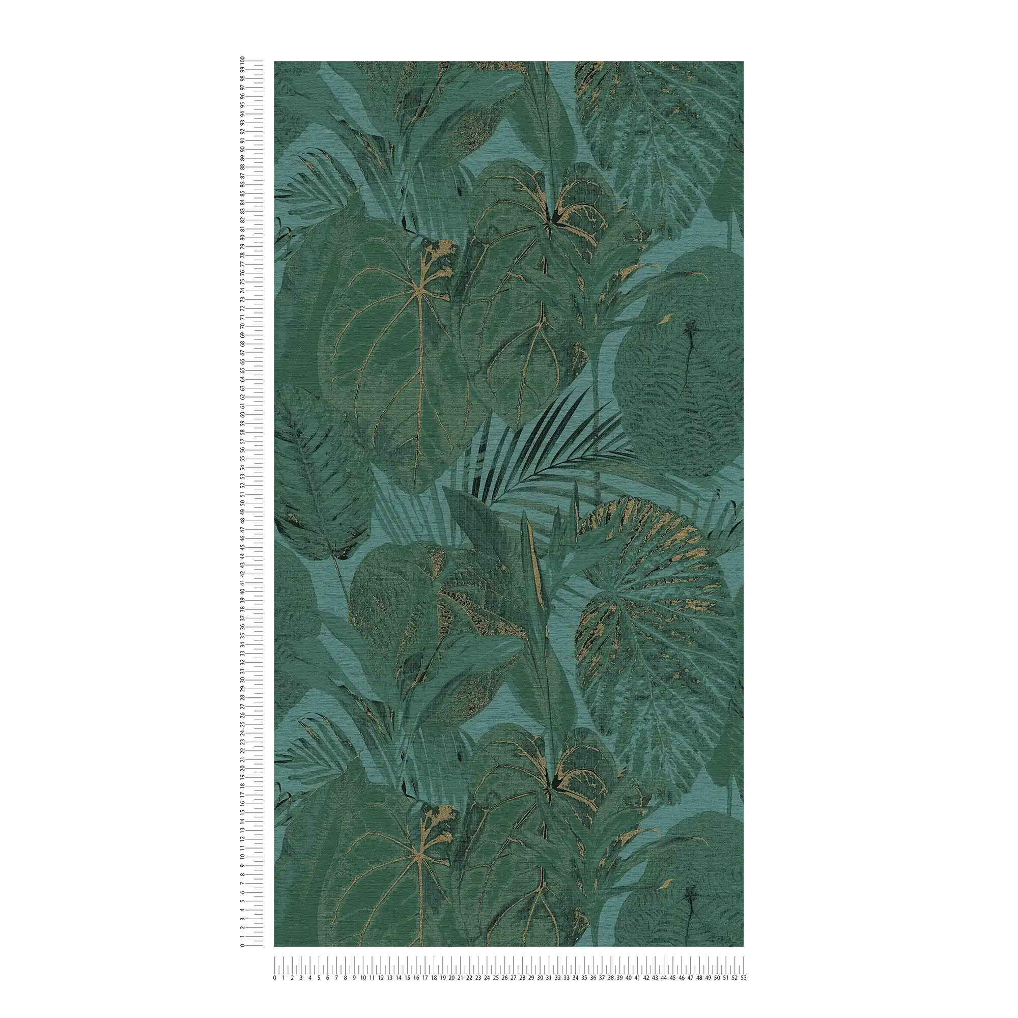             Non-woven wallpaper with leaves and jungle pattern slightly glossy - petrol, green, gold
        