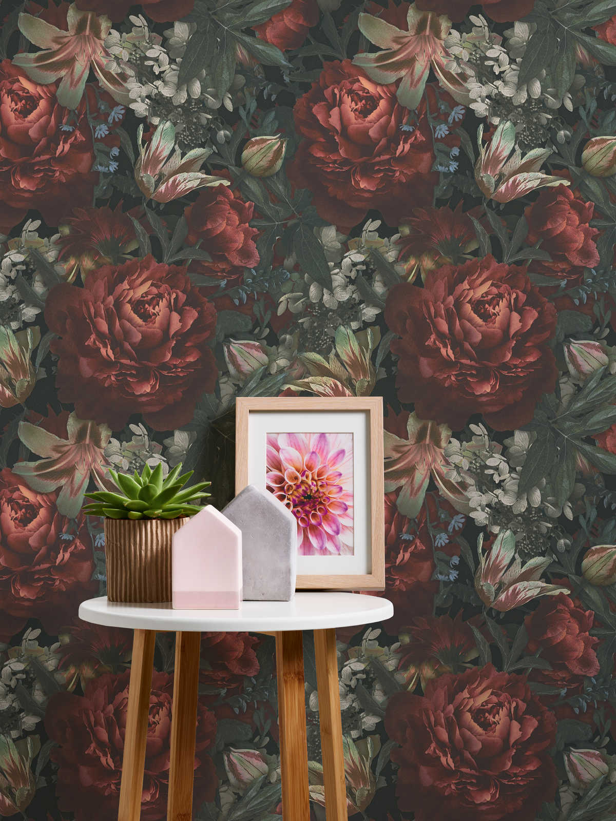             Floral wallpaper roses & tulips vintage style - green, red, cream
        