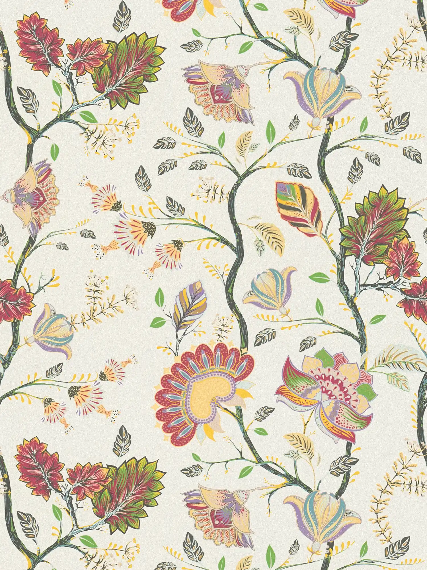 Floral non-woven wallpaper with bold colours - red, yellow, green
