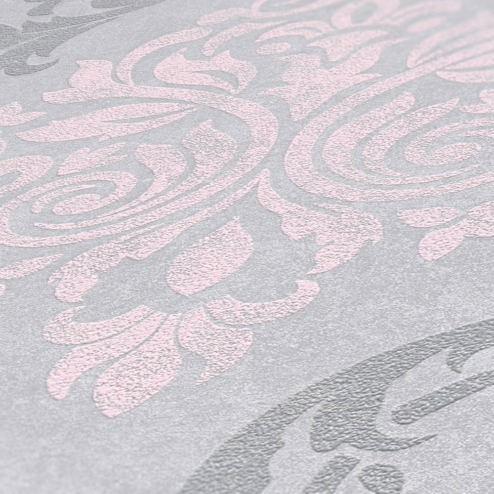             Carta da parati ornamentale in stile barocco con effetto glitter - grigio, metallizzato, rosa
        