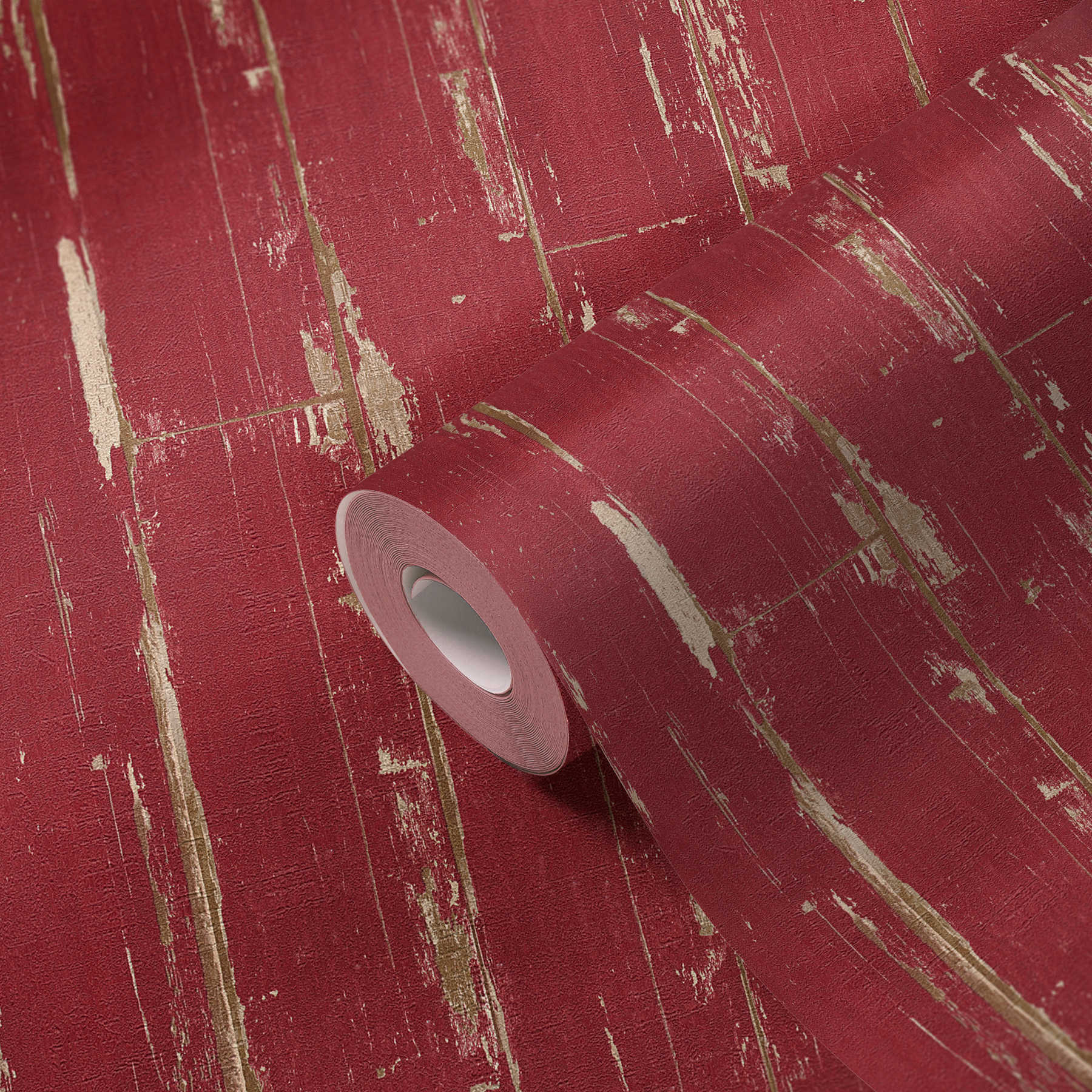             Papel pintado de madera con tablas, aspecto vintage y aspecto usado - rojo
        